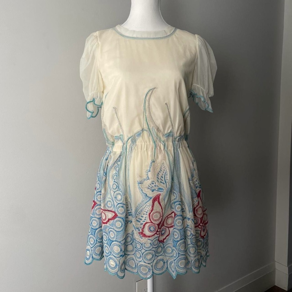 Vivienne Tam 100% Silk cream dress with blue and red butterfly embroidery